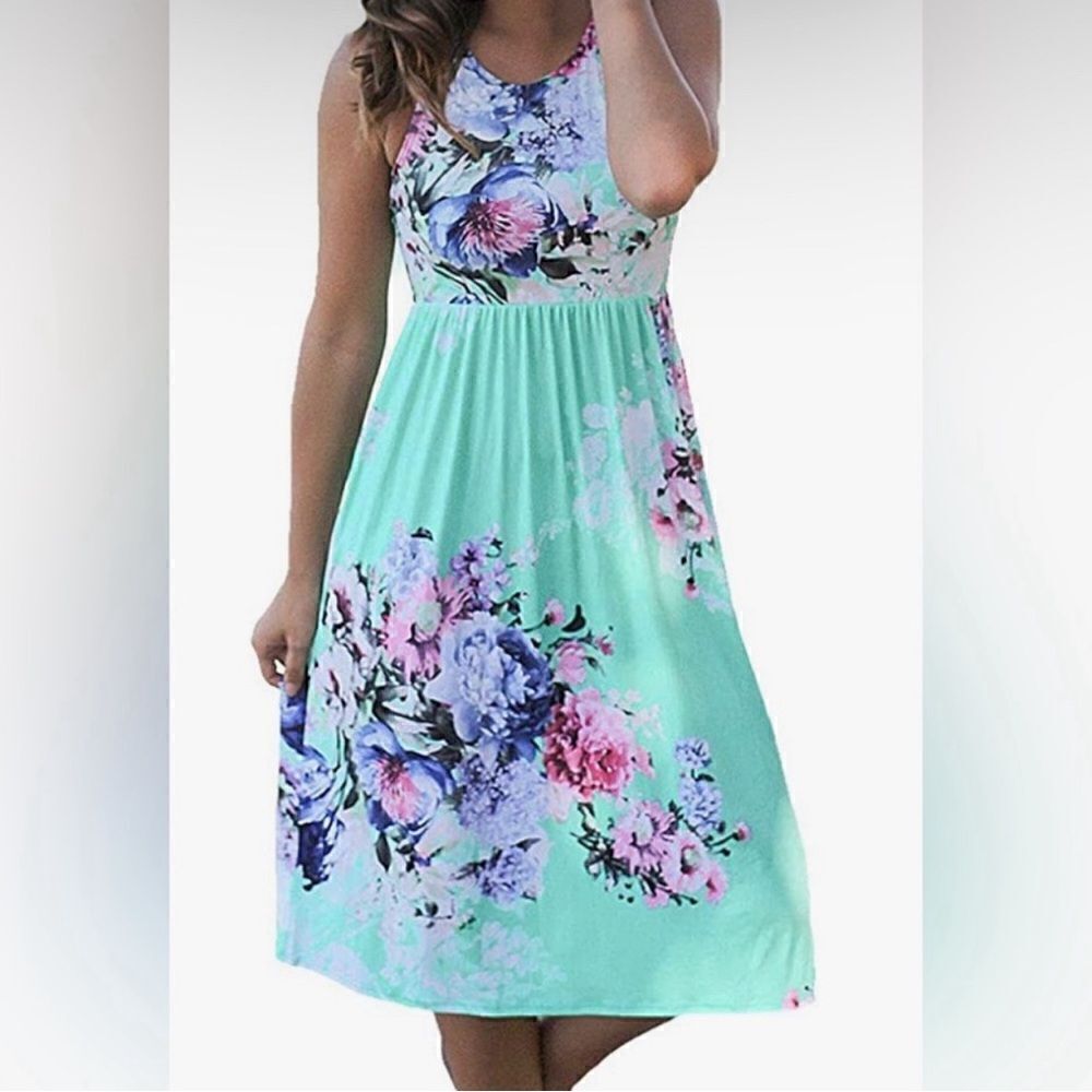 NWT OURS Women’s Summer Sleeveless Floral Print Pockets Midi Sun Dress Size S